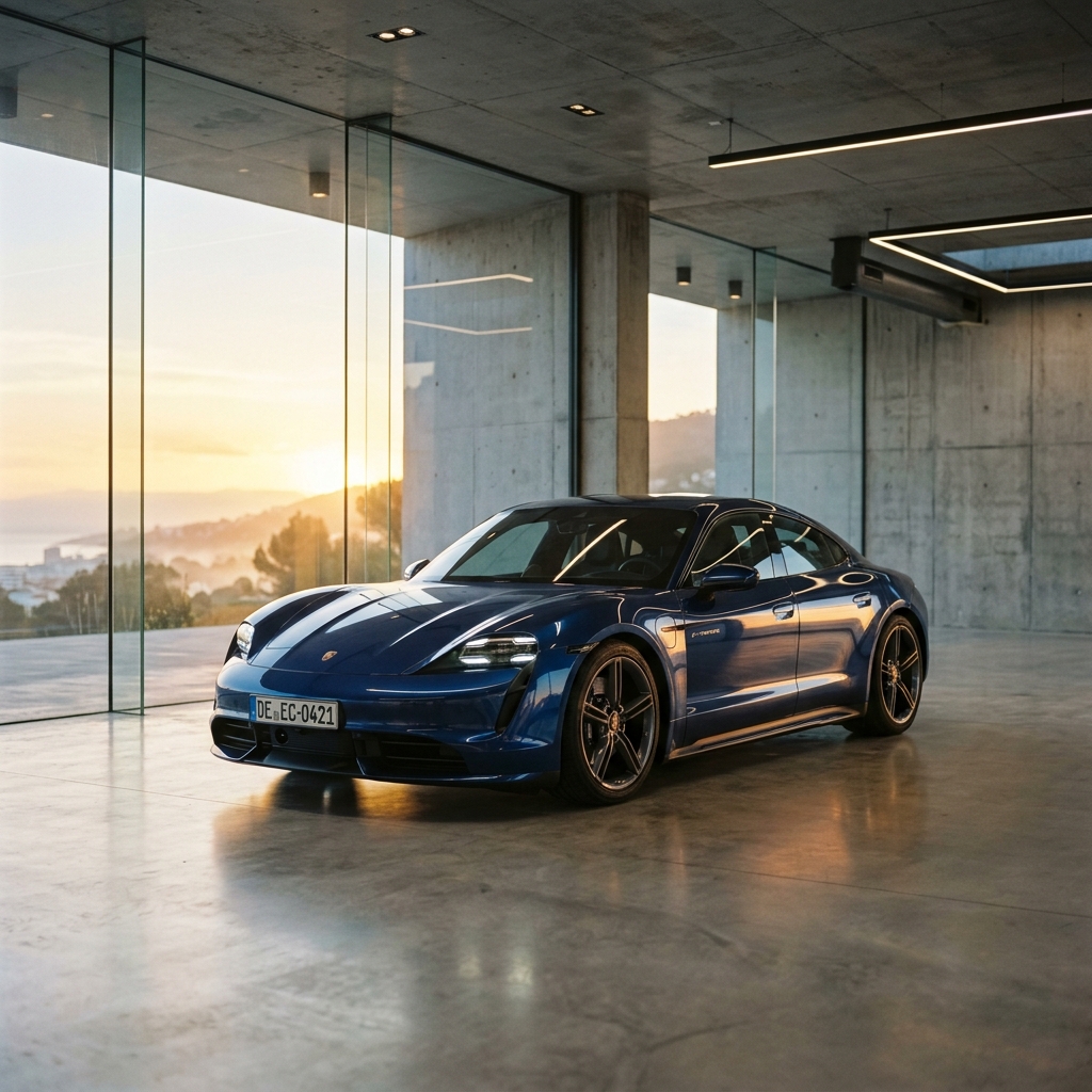 Sleek EV inside concrete showroom