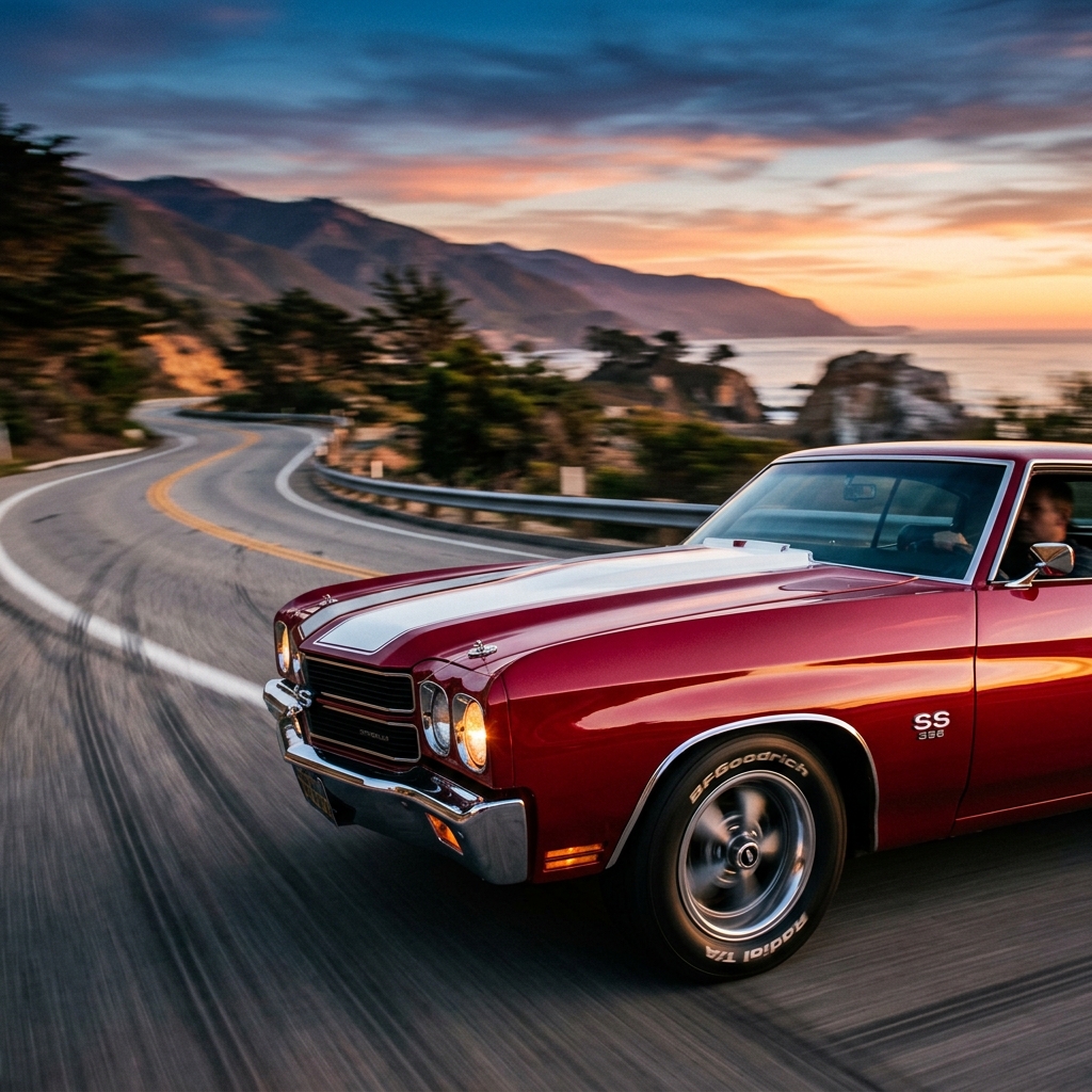 Classic red muscle car driving at sunset